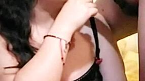 Beautiful prostitute in lingerie interacts with masked old man.