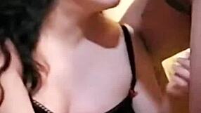 Beautiful prostitute in lingerie interacts with masked old man.