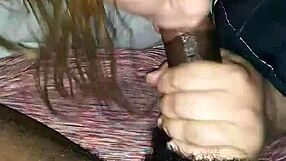 A little chubby woman giving a man oral pleasure