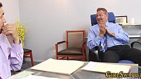 office teen stepdaughters in group with old man