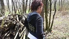 Outdoor solo play of a European milf