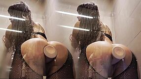 rides dildo in bathroom with big ass and monster cock contrast