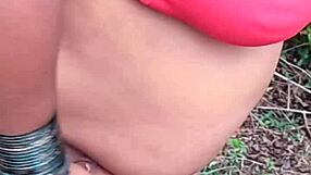 in the outdoors, she bends over for doggystyle while lactating tits get cumshot