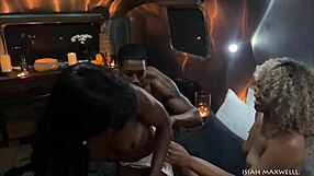 Ebony beauties Ana Foxxx and Lotus Lain complete a threesome by fucking on the couch