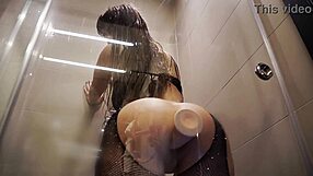 rides dildo in bathroom with big ass and monster cock contrast