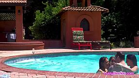 three swimmer girlfriends sharing dick at pool party?