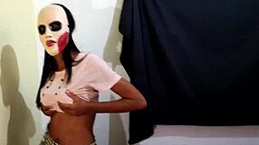 Brunette student skips class for homemade halloween porn