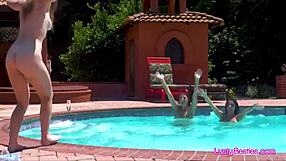 three swimmer girlfriends sharing dick at pool party?