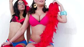 Brunette babe uses dildo on nude lesbian partner.