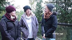 In the scenic mountains, three blondes passionately explore lesbian pleasures