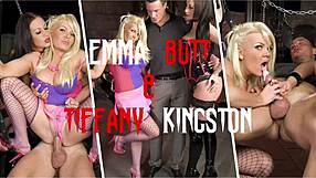 Emma butt and tiffany kingston engage in bound threesome with facial cumshot in nylon leggings