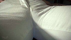 Milf in white jeans flaunts her big cameltoe pussy lips up close.