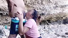 quick risky outdoor fuck, filipina eats cum in nature