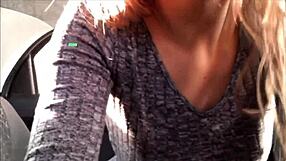 webcam babe masturbates tight pussy in car with close-up views of russian tits and ass