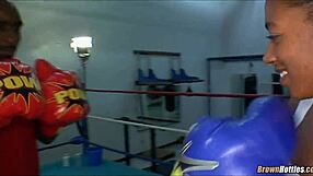 Ebony babe works out big black workout booty with interracial monster cock.