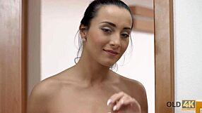 Old brunette and friend shower intimacy