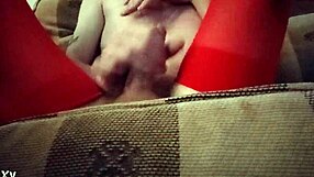 Dana DeVine, the Stunning Crossdresser, Teases in Her Tight Red Tights, Revealing Her Transsexual Desires