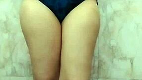 Girlfriend fingers tight pussy in bathroom