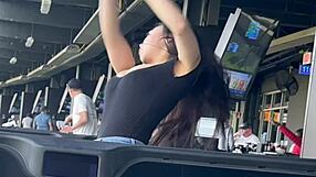 Holy crap! Asian hottie caught staring at huge bulge in public!