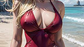 i'm a busty blonde in bikini showing off on the beach