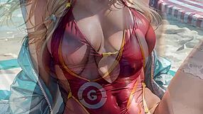 i'm a busty blonde in bikini showing off on the beach