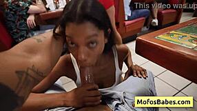 elana and eden share derek's huge cock in the diner, sucking hard