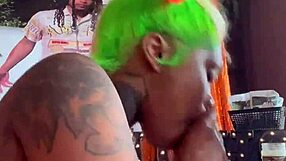 Ebony babe gives sloppy blowjob as webcam birthday gift