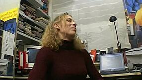 A blonde teen feels lonely at work in the office.