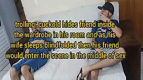 Wife with blindfolded eyes gets fucked by hidden friend. Cuckold gloryhole reality.