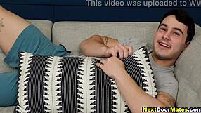 Muscular bodybuilders rim and bareback in gay threesome after gym workout.