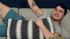 Muscular bodybuilders rim and bareback in gay threesome after gym workout.