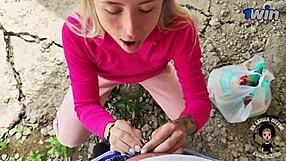 Intense public sex with deep sloppy blowjob behind the shop