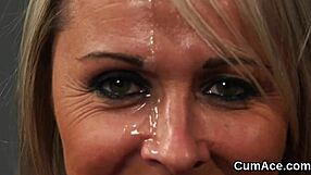 frisky babe in blowbang sucks cocks and gets facial cumshots from multiple guys in pov