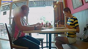 having wild sex in a public toilet with creampie finish