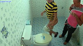 having wild sex in a public toilet with creampie finish