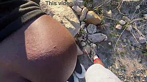 First hinge date hiking turns into outdoor sex with cum on ebony ass and moaning.