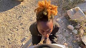 First hinge date hiking turns into outdoor sex with cum on ebony ass and moaning.