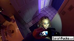 blonde skinny tattooed milf pornstar sarah jessie delivers intense blowjob leading to cumshot in bathroom.