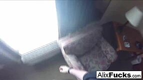 Blonde pornstar Alix fucks Ryan in hotel room, showing big tits and ass