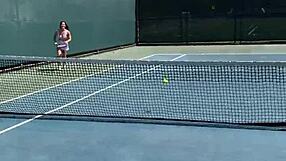 Brunette babe Abbie Maley bangs hard on tennis court