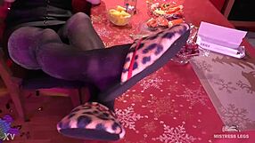 Mistress flaunts sexy feet in slippers and lurex pantyhose for ultimate teasing