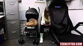 A teen thief sneaks into a sex shop, steals dildos, and gets caught by a blonde who fucks her hard with toys.