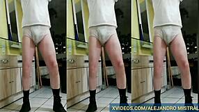 Mature gay man Alejandro Mistral strips sexxy in nylon pantyhose