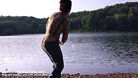 Enjoying a Thong Bodysuit in 4K at the Beach with Brunette MILF