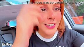 Latina gives intense blowjob in public car until swallowing monster cock cum