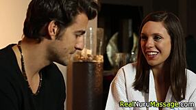 A lingerie masseuse leads a group in hardcore banging during a nuru massage.