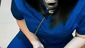 Beautiful doctor in uniform collects semen sample herself
