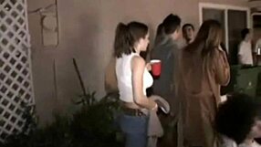 Hot blonde bent over in doggystyle threesome fucking at university, loving that big cock in her pussy