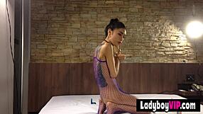 cute faced asian shemale slut handcuffed for intense blowjob