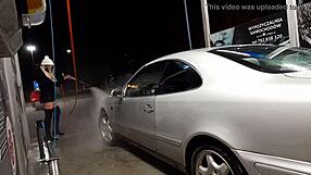 Car wash in public outdoor setting